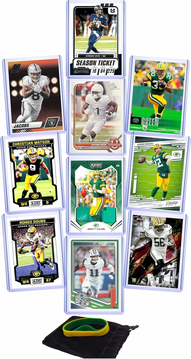 Chaser Green Bay Packers Cards: Jordan Love, Josh Jacobs, Jayden Reed, Ahman Green, Brett Favre, Aaron Rodgers, Christian Watson, Edgerrin Cooper, Romeo Doubs ASSORTED Football Stars & GOATs Trading Card & Wristbands Gift Pack - Image 1